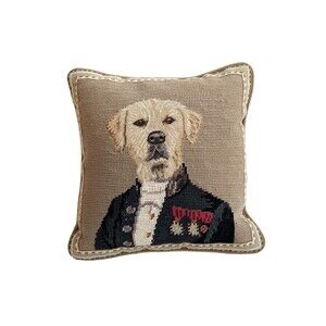 Ethan Allen Needlepoint Down Throw Pillow Anthropomorphic Dog Portrait Lab 12"